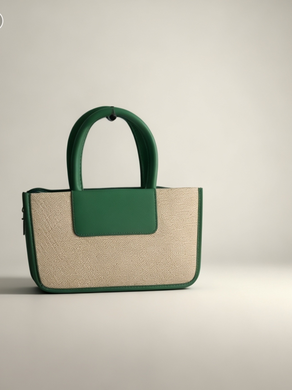Green & Cream Structured Tote Bag with Top Handles